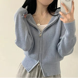 GETADME Hooded Knit Cardigan for Women Long Sleeve Fuzzy Zip Up Knit Crop Sweater Jacket Fall Winter Teen-girl Y2K Acubi Outfit
