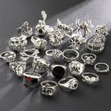 GETADME 24Pcs/Set Punk Gothic Rings Sets Silver Color Skeleton Spider Poker Joker Eyes Heart Rings For Men Fashion Hip Hop Jewelry Gifts