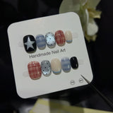 GETADME 10pcs Short Oval Shaped Press-On Nails - Color Block Stripes & Star Designs Glossy Mix-and-Match False Nails for Women and Girls