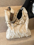 GETADME Fashion Art Tote Bag Women's Autumn and Winter New Large Capacity Tassel Flower Embroidery Shoulder Bag Lightweight Travel Bag