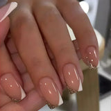 GETADME 24Pcs Short Square Coffin False Nails Square Fake Nails with Glue French Glitter Wearable Acrylic Nails Set Press on Nail Tips