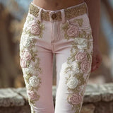 GETADME Spring Autumn New Women's High Waist Rose Embroidery Beaded Denim Pants Versatile Comfortable Casual Trendy Commuting Daily Wear