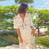 GETADME Women's Lapel Hollow-out Suit Short Sleeve Single Breasted Top Straight Leg Trousers Casual Sets Elegant Female Vacation 2PCS