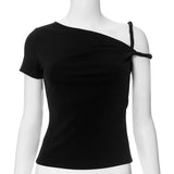 GETADME Women T Shirt Asymmetrial Twist Up Short Sleeve Solid Skew Collar Female Tops Tee Summer 2025 Sexy Slim Streetwear Clothes
