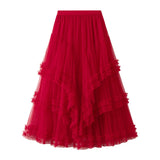 GETADME Long Skirt Womens White Black Skirt 2025 Goth Lolita Spring Summer High Waisted High Low Layer Ruched Mesh Ball Gown Skirts rok