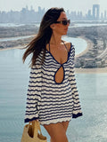 Getadme  Sexy Boho Striped Chic V-neck Cut Out Bell Sleeve Knit Beach Mini Dress 2025 Summer Women Seaside Holiday Swimsuit Cover Up K123