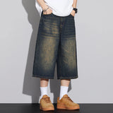 GETADME Men's Non-Elastic Denim Seven-Five Shorts Loose Wide Leg Fit Versatile Simple Style Casual Shorts