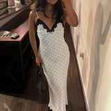GETADME 툴라로즈 레이스 스파게티 스트랩 롱 드레스 여성용 우아한 레트로 V넥 폴카 도트 슬리브리스 드레스 여름 패치워크 파티 드레스
