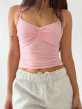 Getadme-2000s Y2k Sleeveless Crop Tank Tops Sexy Bowknot Embellished Slim Fit Low Cut Camisole V Neck Spaghetti Strap Going Out Slim Top