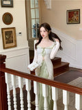 Getadme New Chinese Style Fashion 2 Piece Dress Suits Ruffles Long Sleeve Slim Shirt Cardigan+High Waist Green Long Satin Skirt Sets