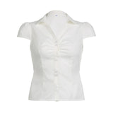 GETADME Women Summer Kawaii Solid Shirring Button Up Turn Down Collar Short Sleeve White Shirts Ladies Office Casual Summer Clothes