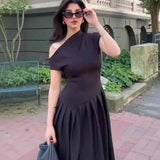 GETADME 여성 패션 오프숄더 슬래시넥 맥시 드레스 우아한 디너 파티 베스티도 여성 하이웨이스트 스플라이스 플리츠 롱 드레스