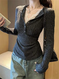 GETADME Women's Top Lace Patchwork Long Sleeve T-Shirt Base Shirt Fashion Vintage Fake Two-piece V-neck T-shirt Aesthetic Clothes