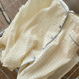 GETADME Casual Autumn New Simple Soft Women's Long Sleeve Pajamas Set Plaid Korean Style Solid 2 Suit Set Sleepwear Fashion Loungewear