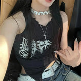 GETADME Summer Spider Web Print Tank Tops Aesthetic Hollow Out Bandage Punk Vest Irregular Women Causal Basic Y2k Streetwear Crop Top