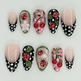 GETADME 24Pcs 3D Strawberry Rabbit Flower Fake Nails Press on Mid-length Almond Wearable False Nails Green Gradient Pearl Manicure Tips