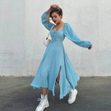 GETADME 레이스업 스퀘어 칼라 섹시 드레스 여성 가을 ​​랜턴 슬리브 솔리드 코튼 슬릿 로브 여성 패션 스트리트웨어 여성 미디 드레스