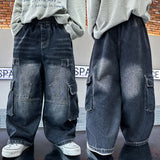 GETADME Boys Retro Jeans Spring Autumn New Teenager Children Fried Street Handsome Straight Loose Wide-leg Pants Kids Cargo Denim Jeans