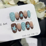 Getadme 10pcs Handmade French Short Press On Nails Blue Brown Polka Dot Bow Star Design Fake Nail Wearable Nail Art Tips for Girls
