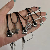 GETADME New Korean Fashion Hollow Titanium Steel Star Pentagram Pendant Necklace for Women Men Black Rope Chain Choker Y2k Party Jewelry