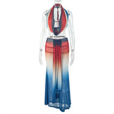 GETADME Hot Sexy Gradient Printing Halter Backless Swinging Collar Backless Crop Top+Ruched Mesh Skirts Two Piece Vacation Sets 2025