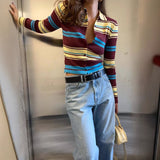 GETADME Striped Cardigan Long-sleeved Single-breasted Sweater Retro Slim Striped Women's T-shirt in Autumn 2025