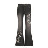 GETADME Floral Embroidery Jeans Vintage 2000s Low Rise Flared Jeans Women Retro Y2k Baggy Denim Pants High Street Basic Trousers