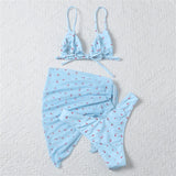 GETADME Yellow Floral Print Swimwear Mesh Cove Ups 3 Piece Bikini Set Damen Sexy Swimsuit Women 2025 Beach Wear Bikinis Swimming Wear