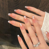 GETADME 10pcs Simple Handmade Fake Nail Tip Gradient Pink Design False Nail Art Reusable French Cat's Eye Mid-length Oval Press on Nails