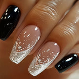 GETADME 24Pcs Short Square Coffin False Nails Square Fake Nails with Glue French Glitter Wearable Acrylic Nails Set Press on Nail Tips