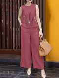 GETADME Women Fashion Sleeveless Embroidery Blouse Pants Sets 2PCS ZANZEA Summer Tracksuit Bohemian Holiday Trousers Suits Outfits 2025