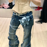 GETADME 2025 Spring Autumn Vintage Style Ruched Denim Flared Pants for Women Y2K Aesthetic Low Waist Slim Fit Bell Bottom Jeans Fashion