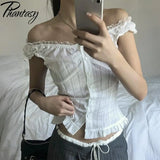 GETADME Phantasy Y2K Women Tops White Lace T-Shirt Button Tees Vintage French Style Tops 2025 Spring Summer Tops Female Streetwear