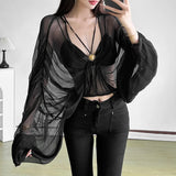 GETADME SylCue Mesh See Through T-Shirts Woman Lace-Up Metal Decoration Low-Neck Batwing Sleeve Hot Girls Street Fashion Wild Style Tops