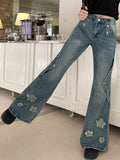 Getadme - Pantalon en jean bleu pour femme, broderie étoile, nouveau modèle, taille haute, coupe slim, pattes d'éléphant, style gyaru, streetwear vintage Kpop