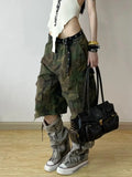 GETADME Women Short Jeans Green Camouflage American Vintage Y2K Straight Streetwear Wide Leg Pants High Waist Female Summer Denim Shorts