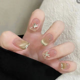 GETADME 24Pcs Pink Cat Blue Love Cute Short Ballet Press on False Nails Sweet French Cat Eye Bow Star Designs Style Detachable Nails Set