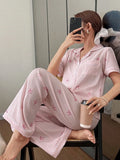 GETADME Women Bow Striped Print Pajama Sets Summer Short Sleeve Sleep Tops With Pants Pajamas Sets Comfortable Sleepwear Loungewear