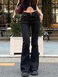 GETADME Low Waist Vintage Stripe Flare Jeans Women Casual Patterned Slimming Bell Bottom Trousers Faionable Cotton Stretch Denim Pants