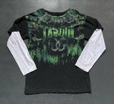 GETADME Gothic Vintage Distressed T-Shirt Two-in-One Skeleton Print Layered Top Y2K Retro Streetwear Loose Fit Harajuku Fashion Tee