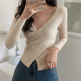 GETADME Autumn Winter Knitwear Tops Fashion Female Long Sleeve Skinny Elastic Casual V-neck Knitted Shirts Women Pullover Sweaters