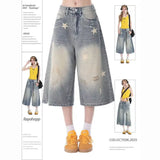 GETADME DM American Vintage Washed Star Denim Shorts Y2k High Waist Straight Wide Leg Jeans 2025 New Loose Knee-Length Pants