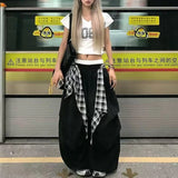 GETADME Y2K Streetwear Hip Hop Cargo Pants Women Summer High Waist Loose Plaid Patchwork Wide Leg Pants American Baggy Casual Trousers