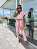 GETADME Jumpsuit Women 2025 Solid Color Short Sleeve V-neck Pocket Lace-up Pencil Long Pants Jumpsuits Summer Outfits Bodysuits