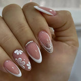 GETADME 24Pcs 3D Strawberry Rabbit Flower Fake Nails Press on Mid-length Almond Wearable False Nails Green Gradient Pearl Manicure Tips
