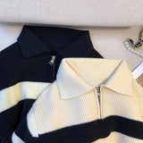 GETADME Lucyever Women's Turndown Collar Striped Sweater Vintage Loose Long Sleeve Knitwear Female Autumn Winter Warm Knitted Jumper Top