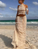 GETADME Imcute Women 2 Piece Maxi Skirt Set Y2k Lace Up Back Tank Top Flowy Ruffle Long Skirt Outfits Summer Going Out Beach Sundress