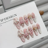 GETADME 10pcs Handmade Press On Nails Light Pink French Style White Long Coffin False Nails Cute 3D Rabbit Designs Sweet Fake Nail Tips