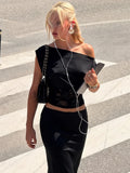 GETADME Dulzura Summer Fashion Sexy Inclined Shoulder Lace See Through Patchwork T-Shirt Women'S Solid Casual Y2K Top Party Club Clothes