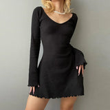 GETADME Women Bodycon Mini Dresses for Women Sexy Long Sleeve Ruched Short Dress Knit Long Sweater Fairy Grunge Y2K Streetwear